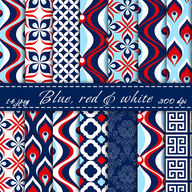 Blue Red and White Digital Paper Digital Scrapbooking Paper Pack Printable Backgrounds