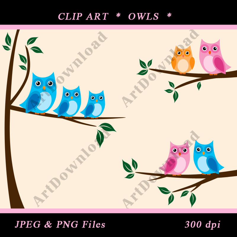 Tree With Owls - Branch With Owls, Clip Art Owl, Digital Scrapbooking, Digital owls