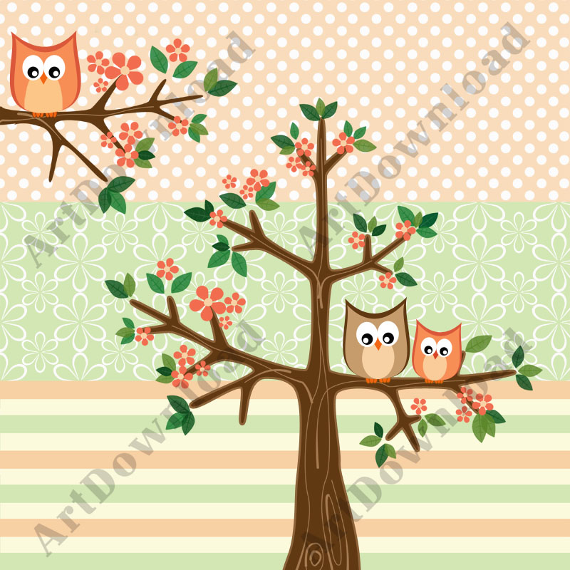 Tree With Baby Owl And Mama Owl - Clip Art Owl, Clip Art And Digital Paper Set, Digital Scrapbooking