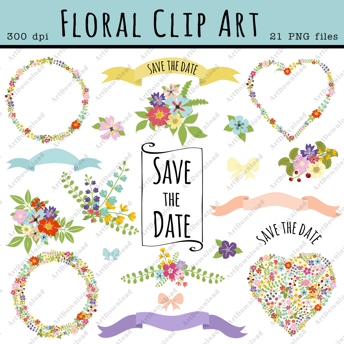 Digital Floral Clip Art - Clip Art Wedding, Flowers Wreath , Ribbon , Floral hearts, Bouquets, Wedding invitation
