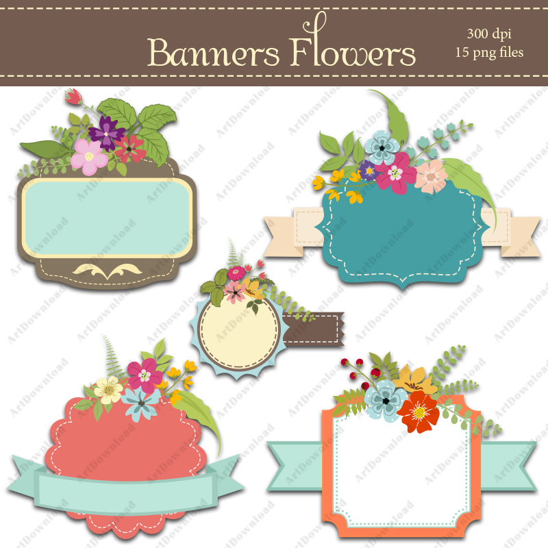 Digital floral banners - Clip art labels , Wedding bouquets, Clip art scrapbooking, Floral wedding invite, Hand drawn flowers