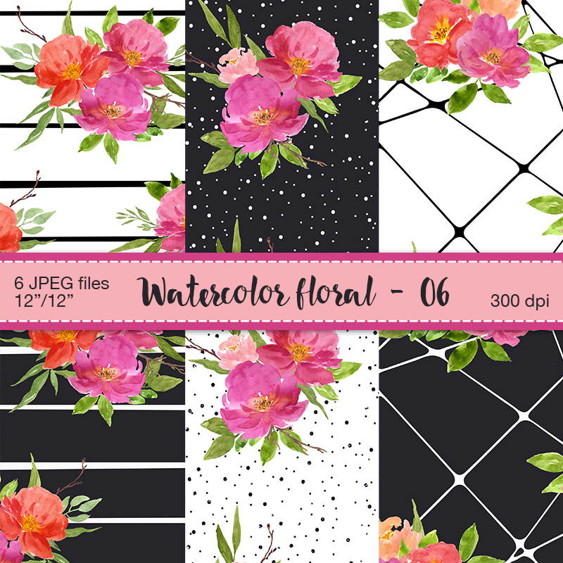 Watercolor floral digital paper - Digital Scrapbooking paper, Flowers patterns, Romantic flowers, Wedding digital paper, Floral backgrounds