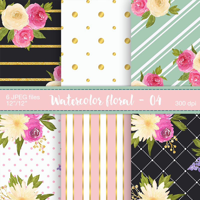 Watercolor floral digital papers - Digital floral patterns, polkadots, stripes, Gold Foil Stripes, Printable floral paper, Rosse patterns, Floral background, Scrapbooking Paper