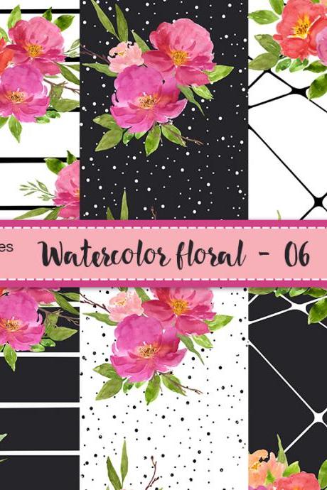 Watercolor floral digital paper - Digital Scrapbooking paper, Flowers patterns, Romantic flowers, Wedding digital paper, Floral backgrounds