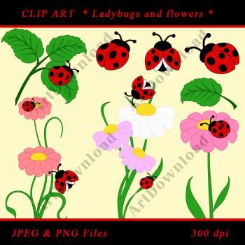  Ladybug Clip Art - Digital Clip Art Ladybug and flowers, Scrapbooking, Set for Personal and Commercial Use